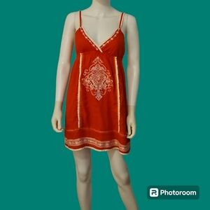 ANDIE HART 1990s Orange Embroidered Spaghetti Strap Halter Mini Slip Dress
